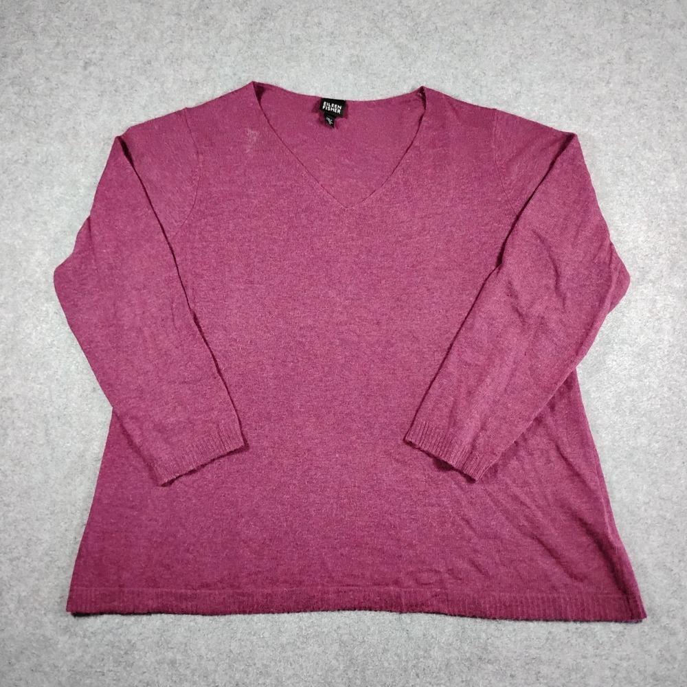 Eileen Fisher Womens XL Magenta Wool Cashmere Angora Blend V-Neck Sweater
